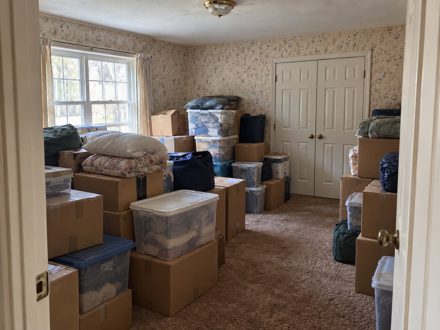 Accumulated boxes, storage totes and bags in a worn carpeted room before hoarding cleanout.