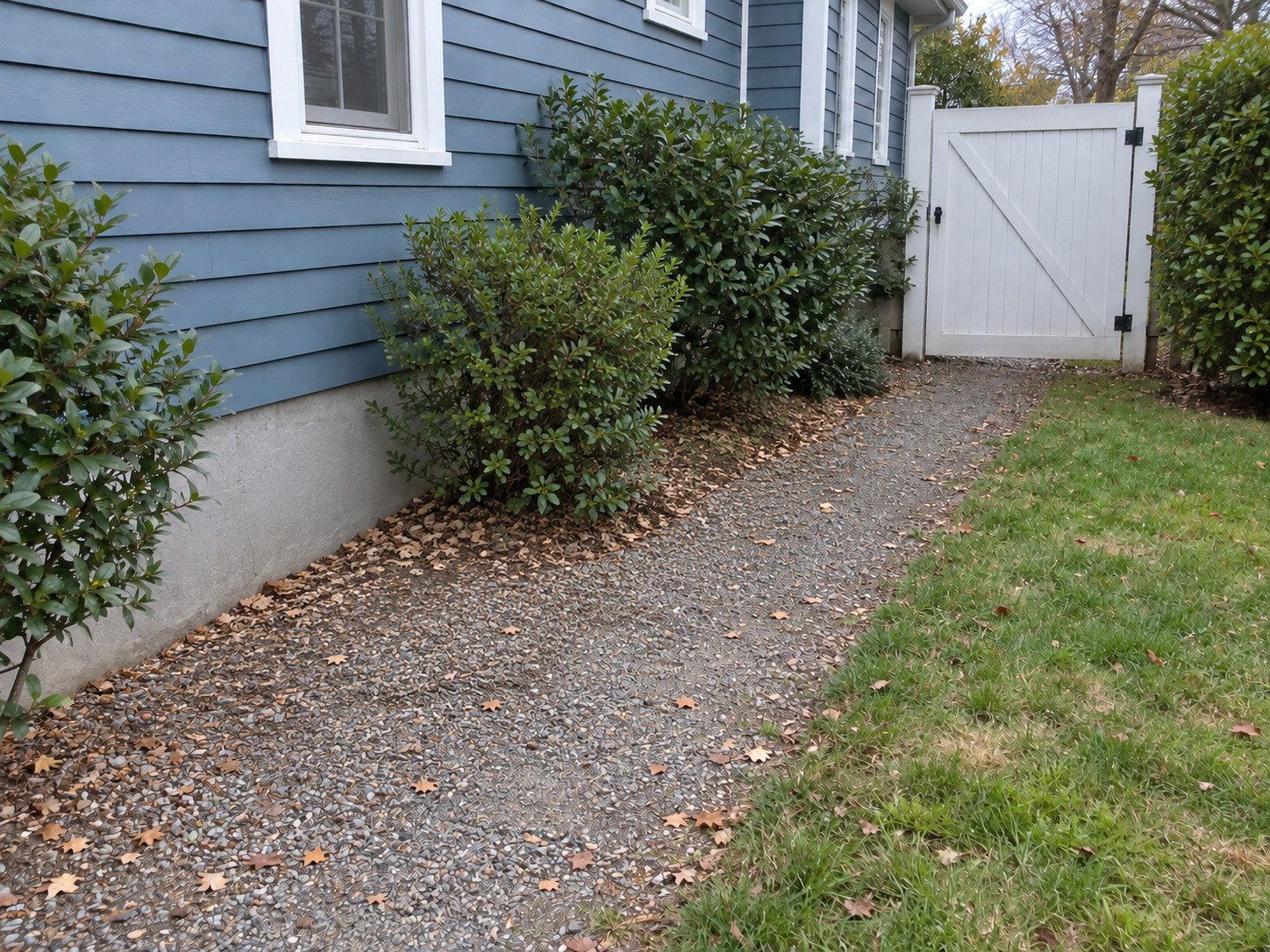 Side-yard strip after yard-waste bags and bundled branches have been collected.