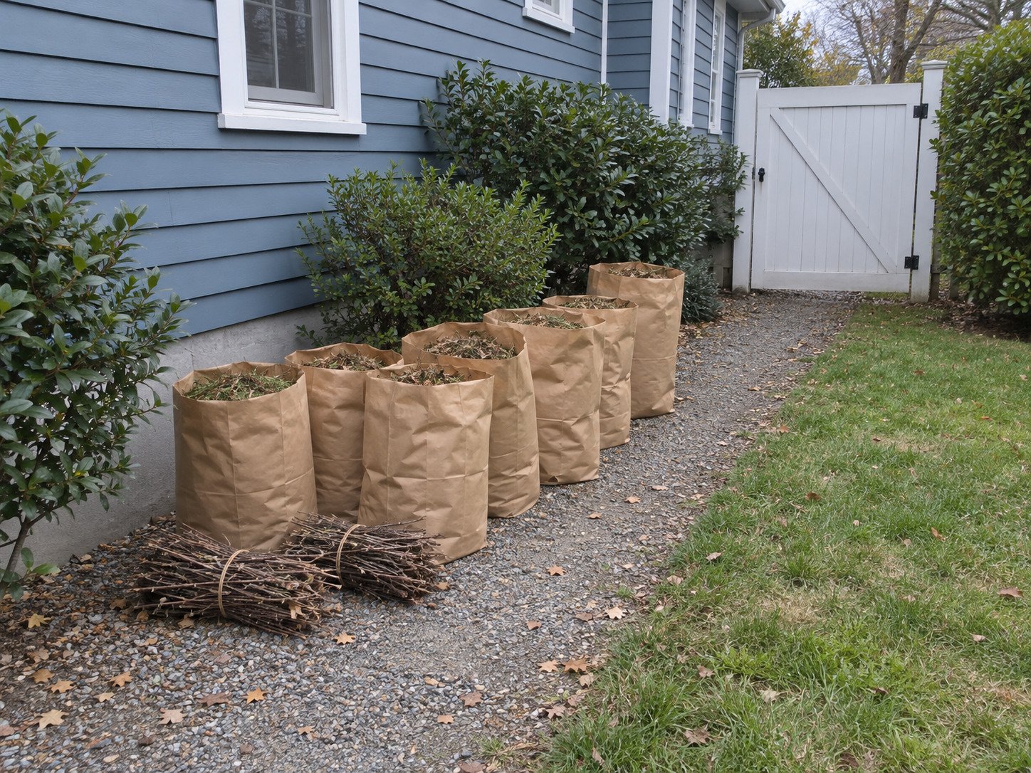 Paper yard-waste bags and bundled twigs beside a house before pickup.