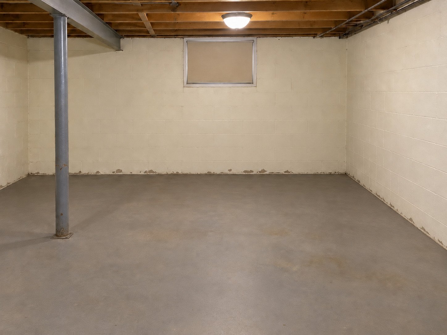 Emptied basement after contents cleanout, with existing worn flooring and walls retained.