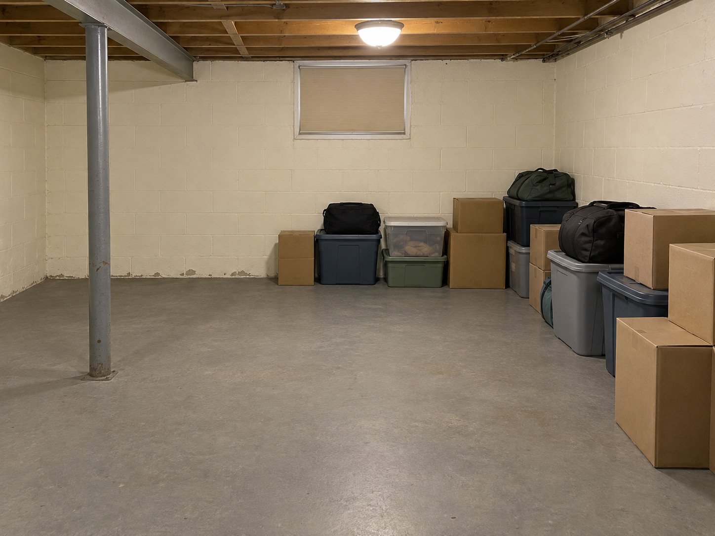 Basement with boxes and storage totes before contents cleanout.