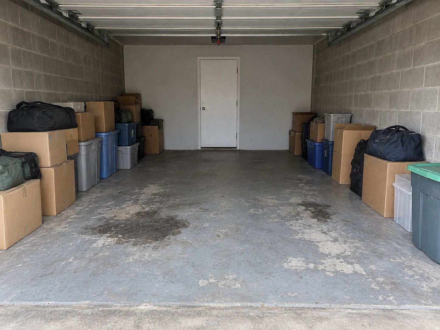 Boxes, totes and bags stored along garage walls before a cleanout.