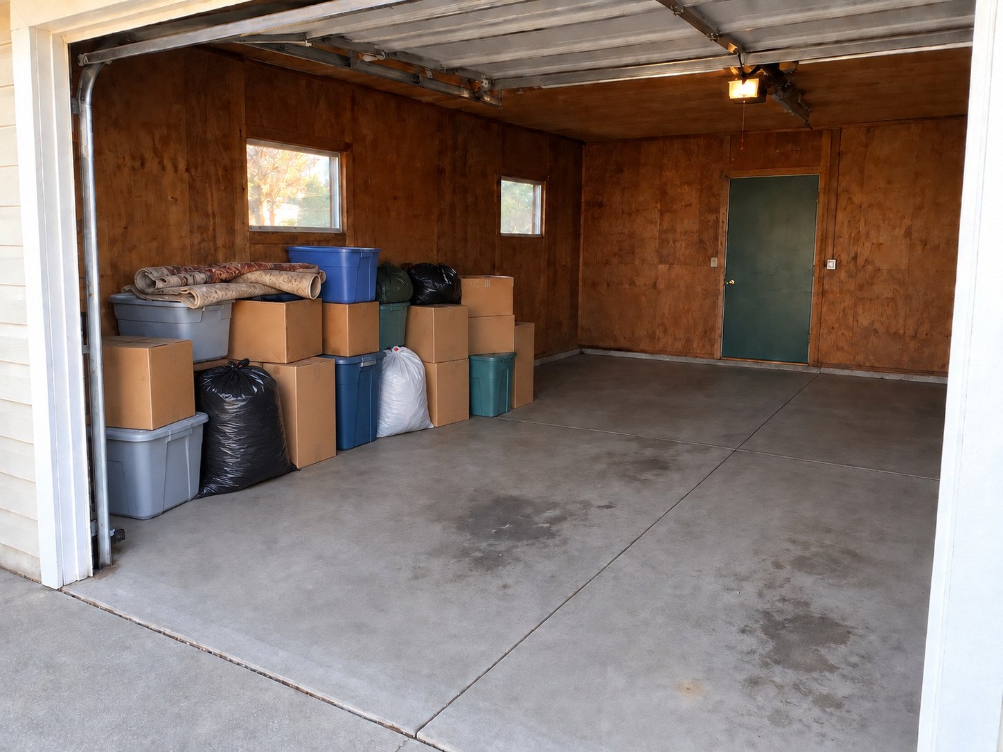 Boxes, storage totes and bags along a plywood garage wall before cleanout.