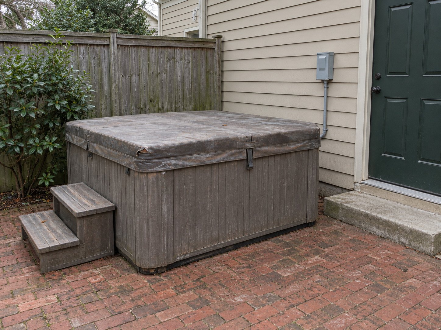 Old covered hot tub and access steps on a brick courtyard before removal.