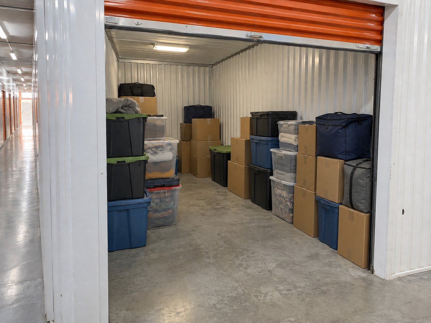 Packed boxes and storage totes in an indoor locker before cleanout.