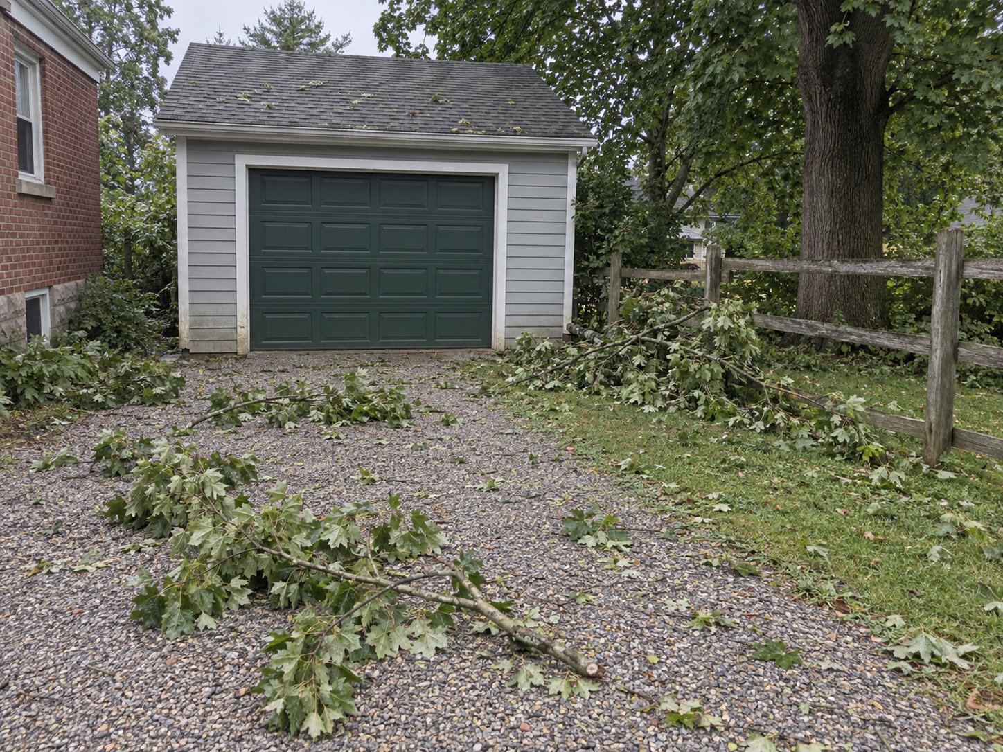 Fallen storm branches on a gravel garage approach before cleanup.