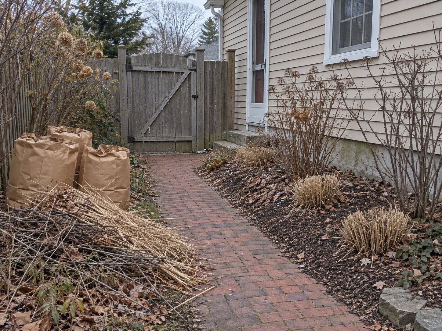 Dry garden cuttings and paper yard bags beside a brick path before hauling.