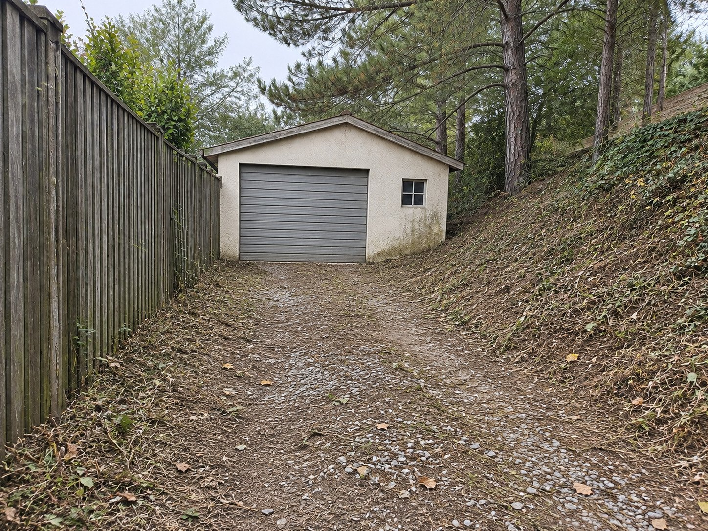 Existing earth and gravel garage access reopened after brush clearing.