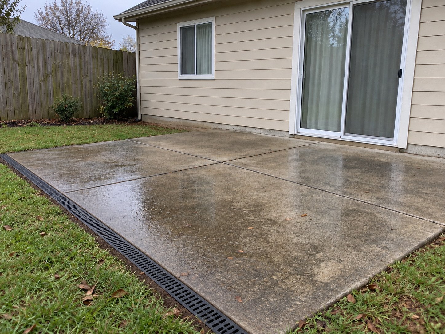 Existing patio draining through a new flush channel at its lawn edge.