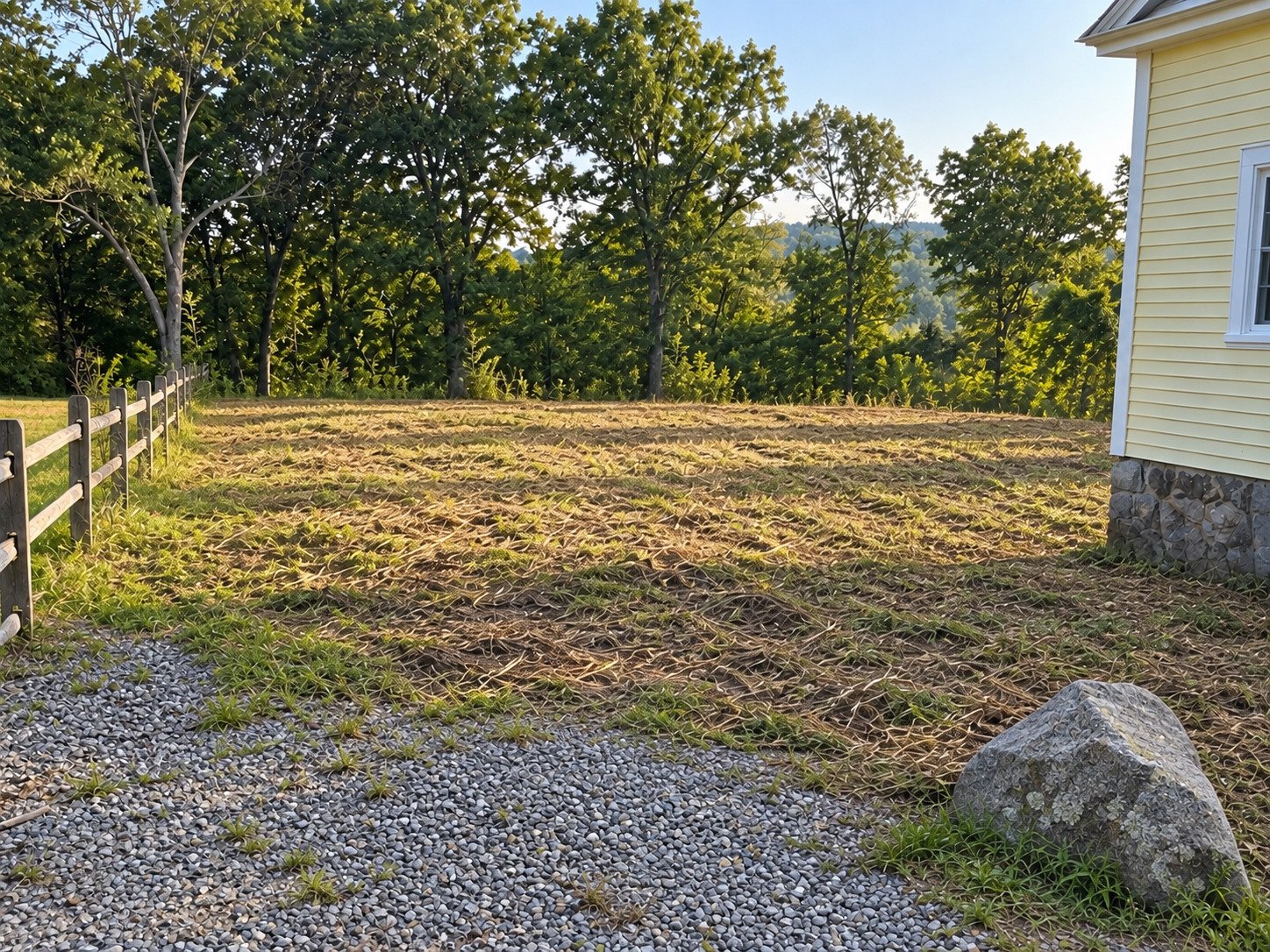 The same lot after brush and sapling removal with mature boundary trees retained.