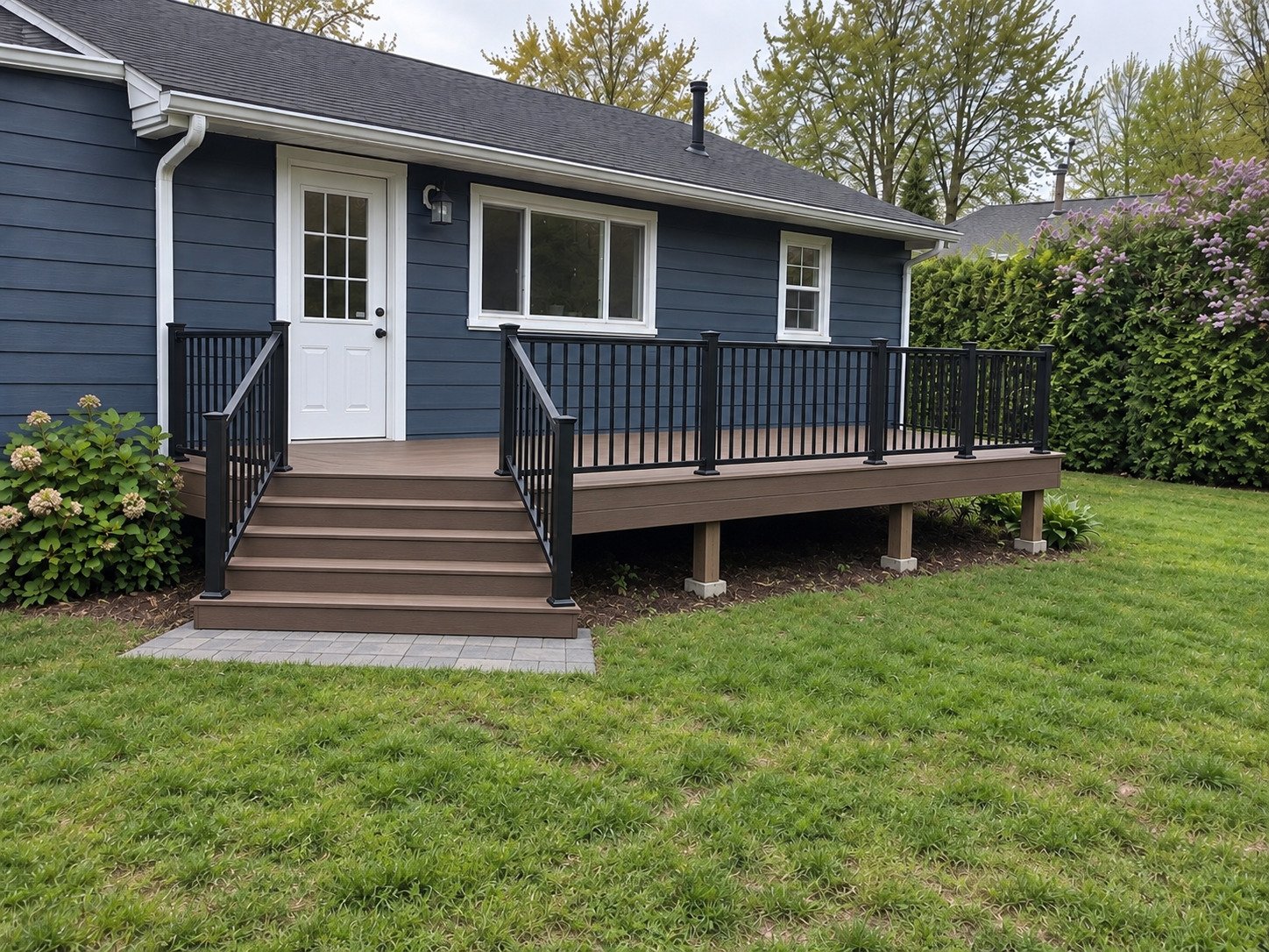 Empty replacement composite deck with wide access stairs and black rails.