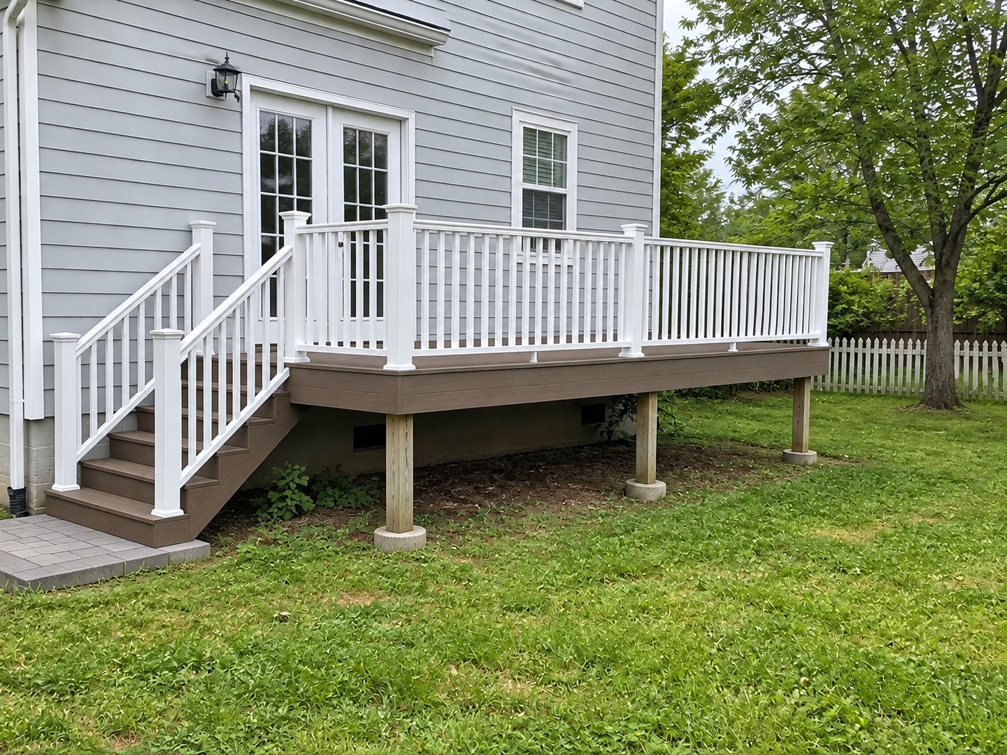 Empty raised composite deck with white rails and supported left stair access.