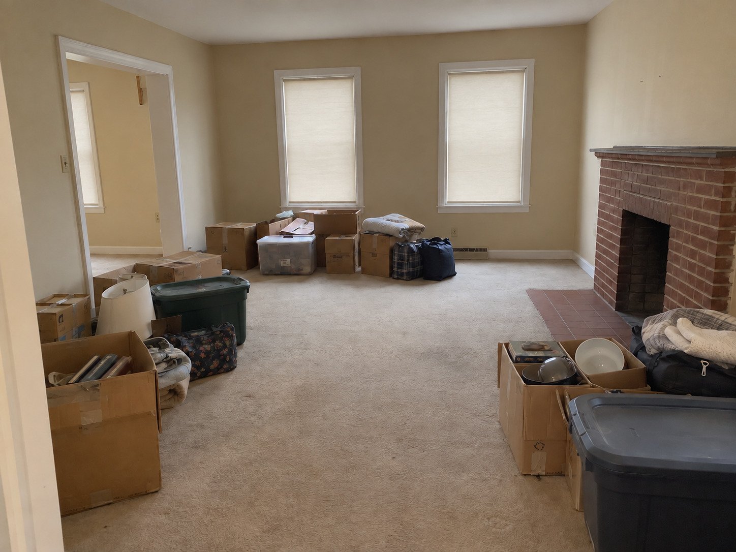 Carpeted estate living room with cartons and bagged belongings before cleanout.