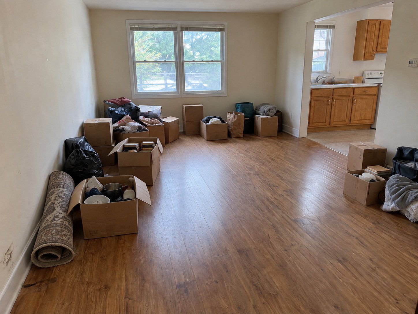 Rental living room with cartons, bags and loose household belongings before turnover cleanout.