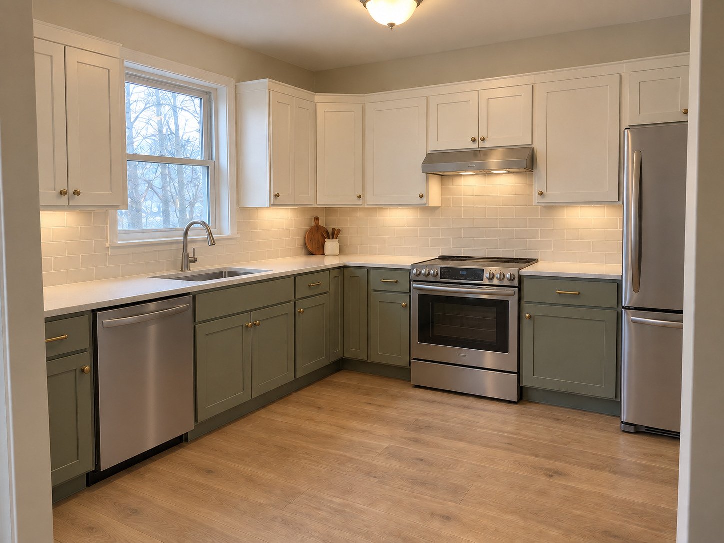 The same kitchen after installation of white and sage cabinets, new counters and stainless appliances.