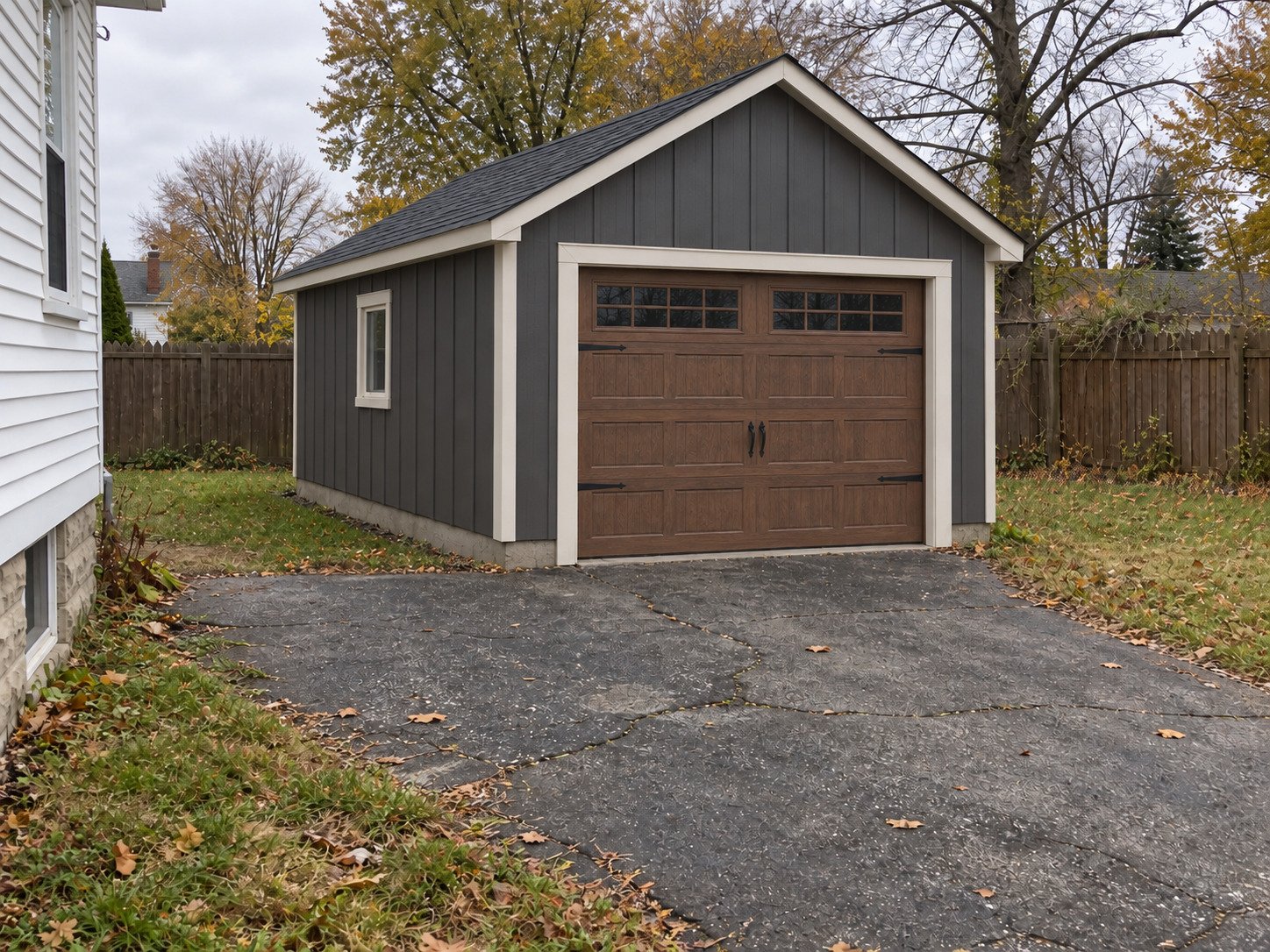 The same property after a new charcoal garage with carriage-style overhead door.