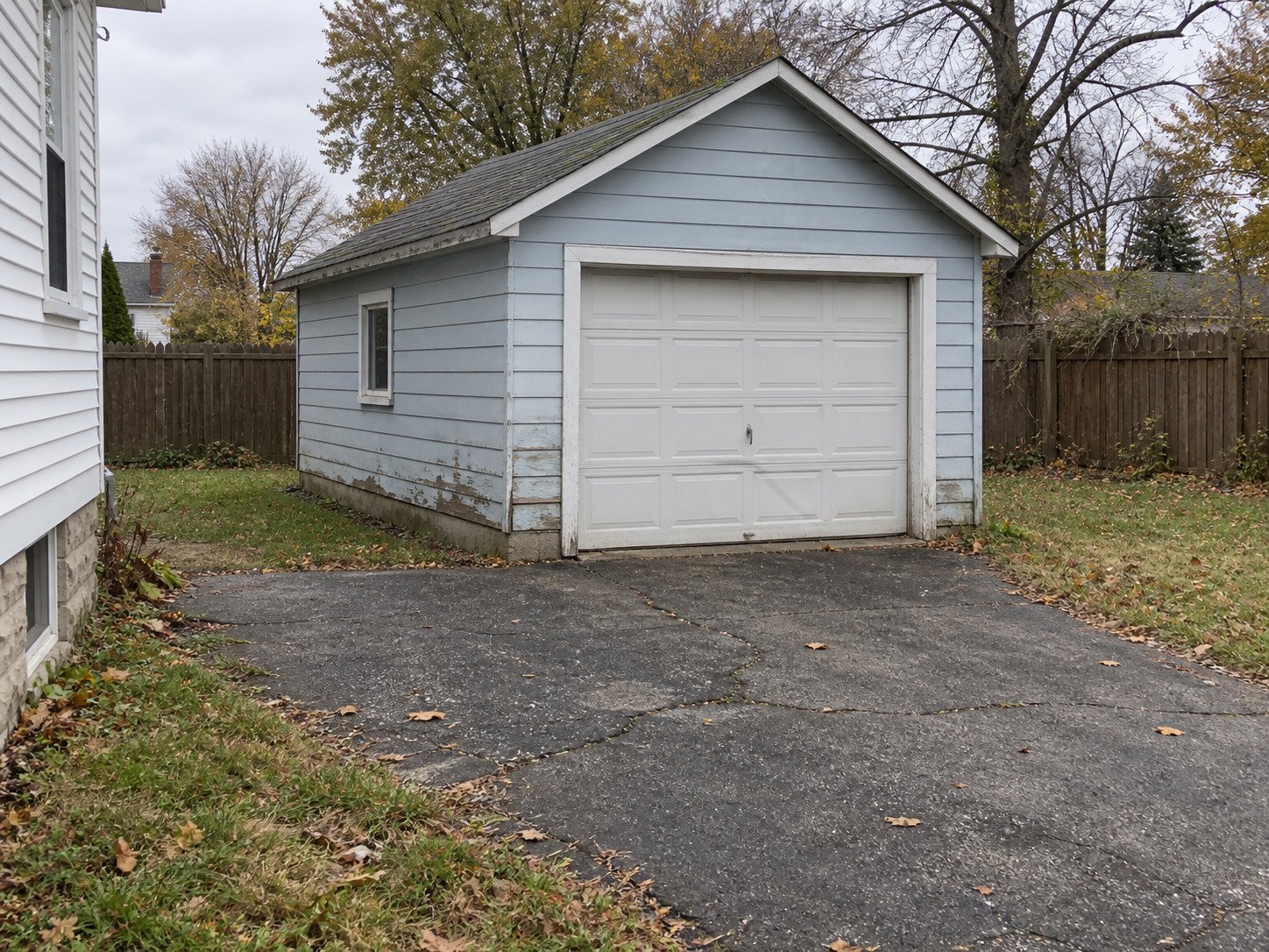Aging blue detached garage before replacement.