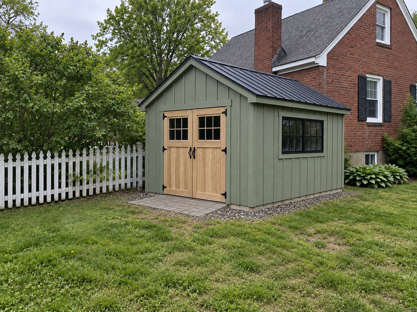 Custom sage workshop with cedar double doors, metal roof and paver entrance.