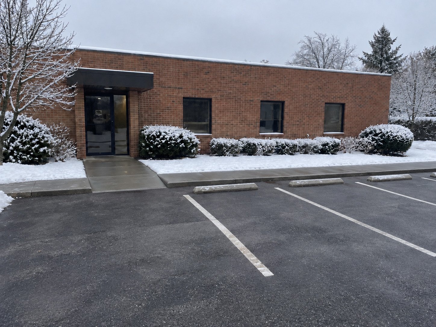 Office lot and connected entrance sidewalk after snow clearing.