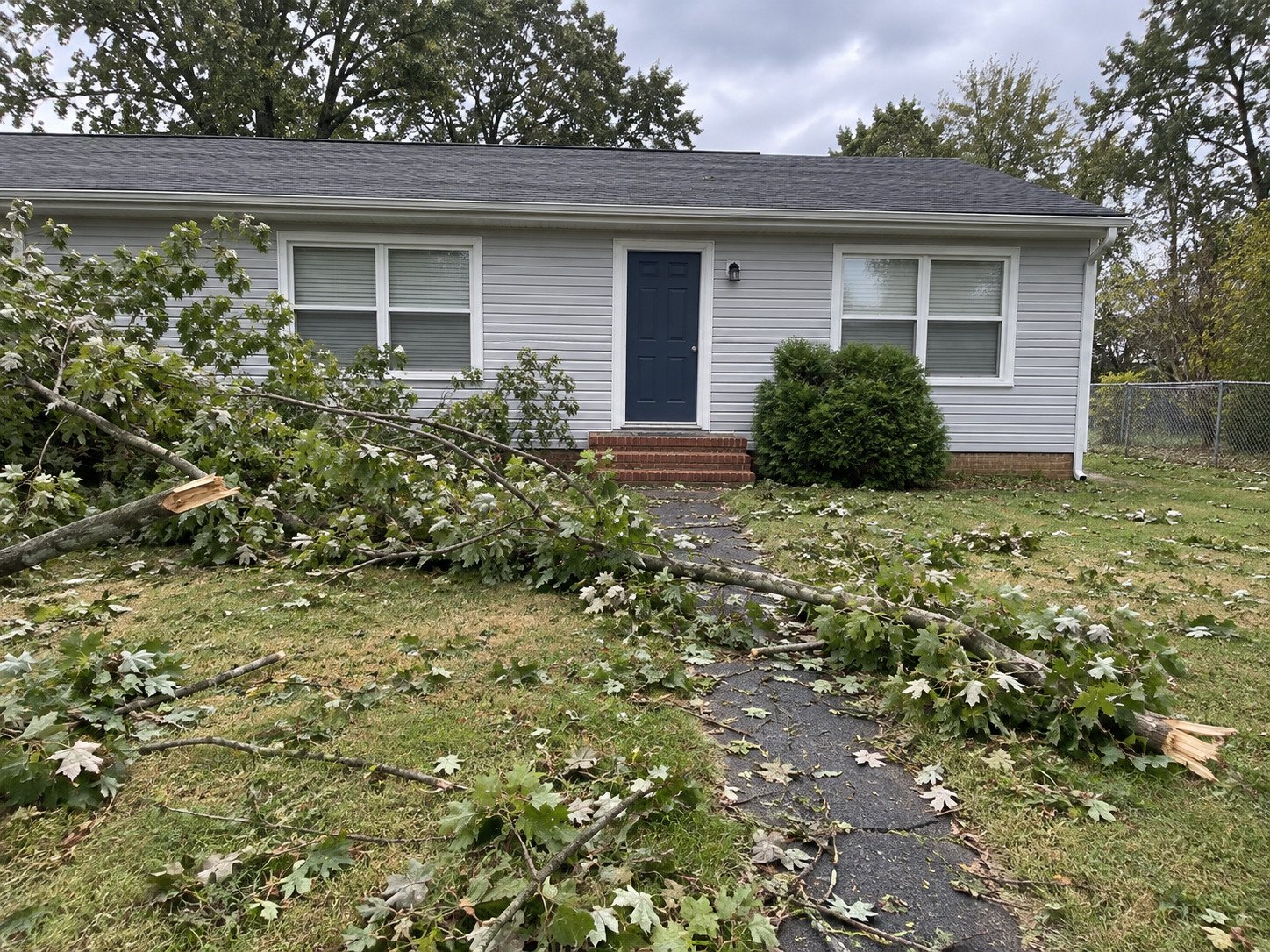 Fallen storm branches across a home's lawn and entrance path before cleanup.