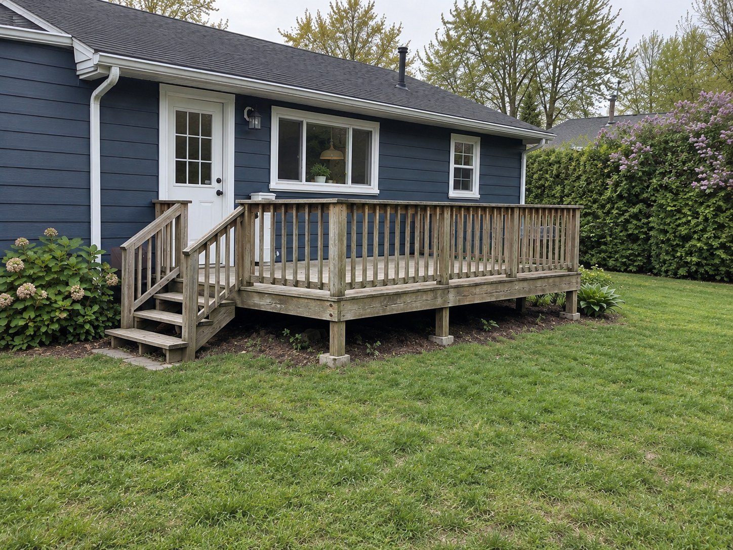 Weathered bare wood deck with narrow left stairs before a custom replacement.