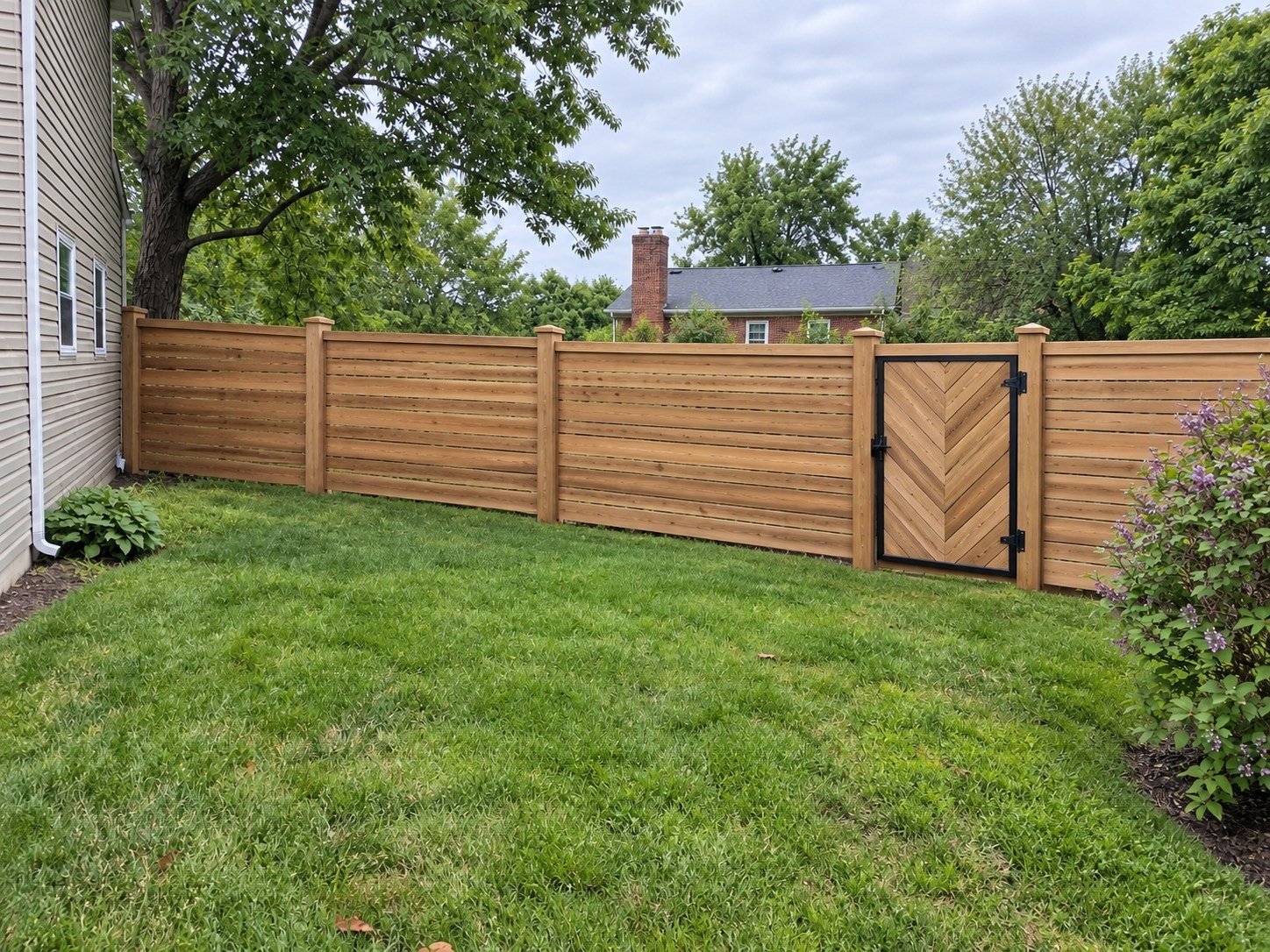 Horizontal cedar fence with a black-framed chevron gate on the same yard boundary.