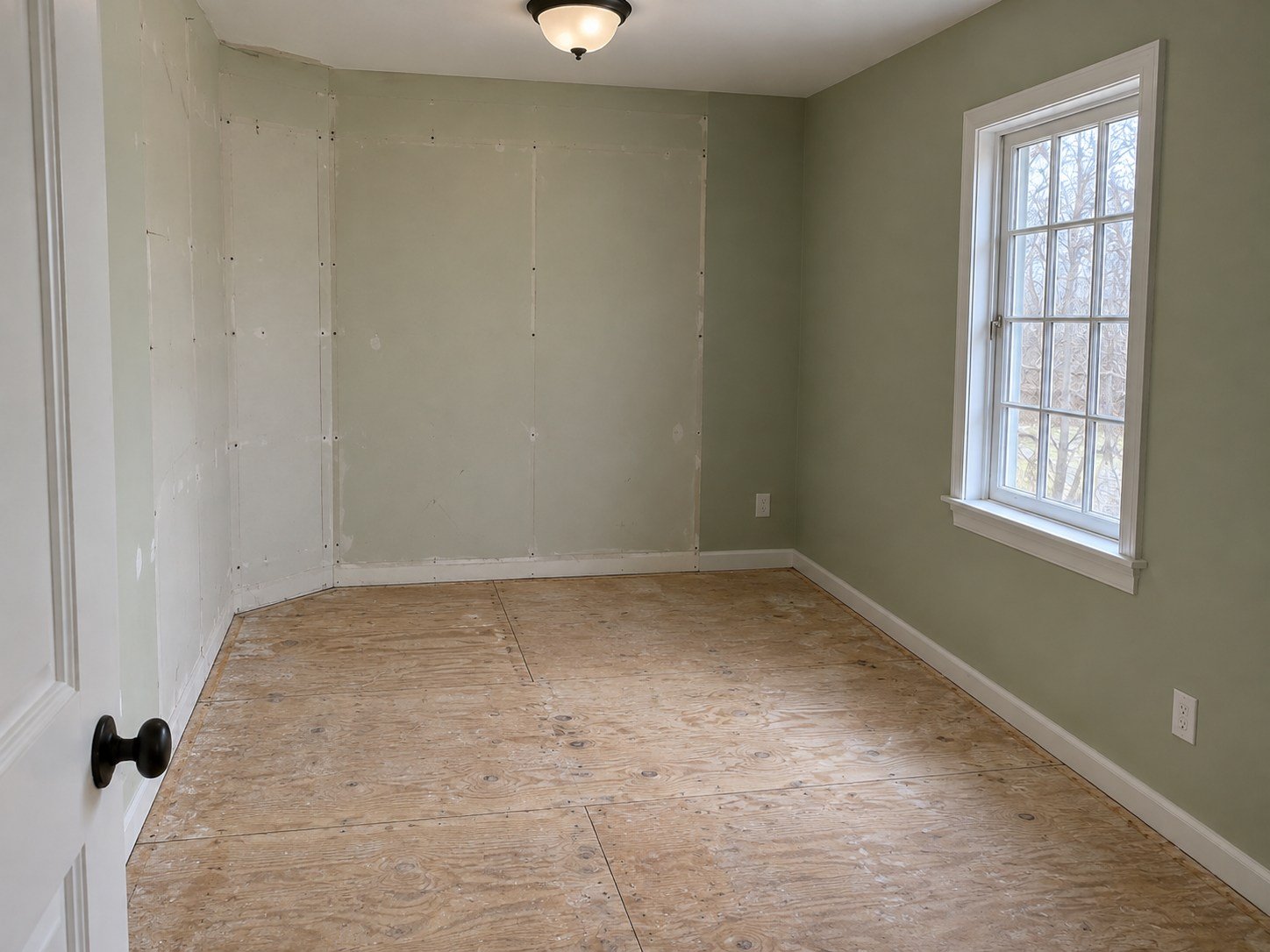 Den after wardrobe and carpet removal, with marked original drywall and clean plywood subfloor exposed.