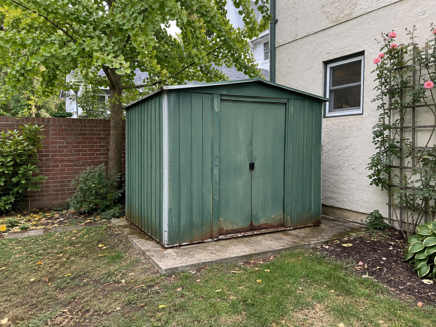 Weathered green metal garden shed on a small concrete pad before removal.