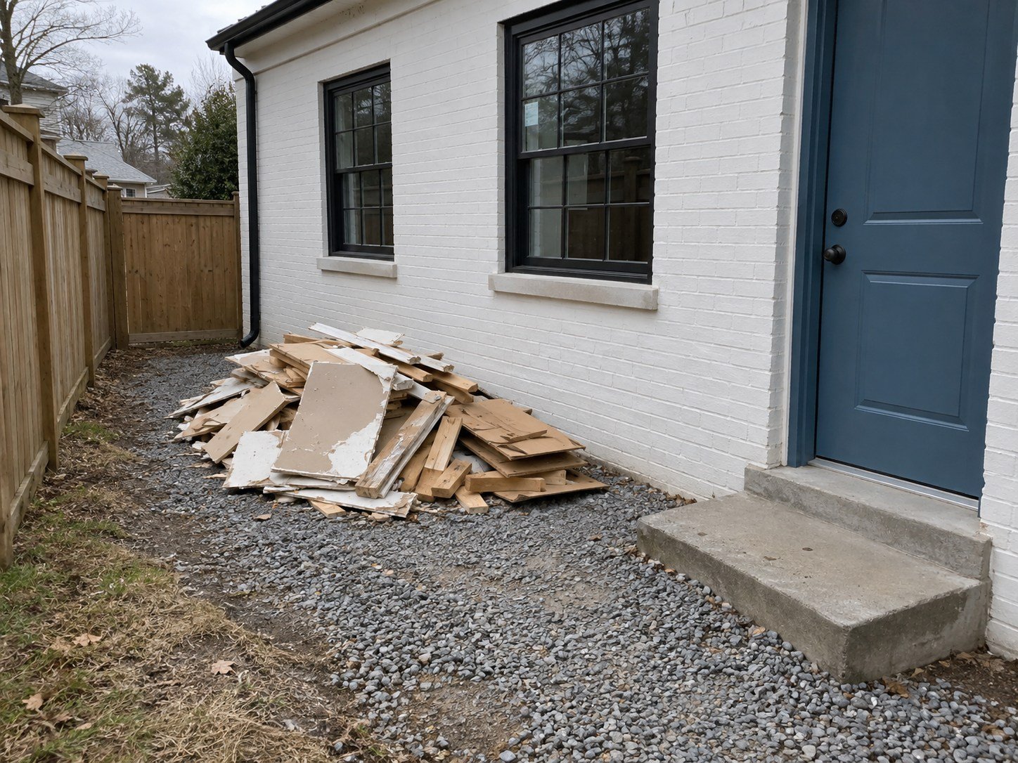 Construction debris staged on a gravel side yard before hauling.