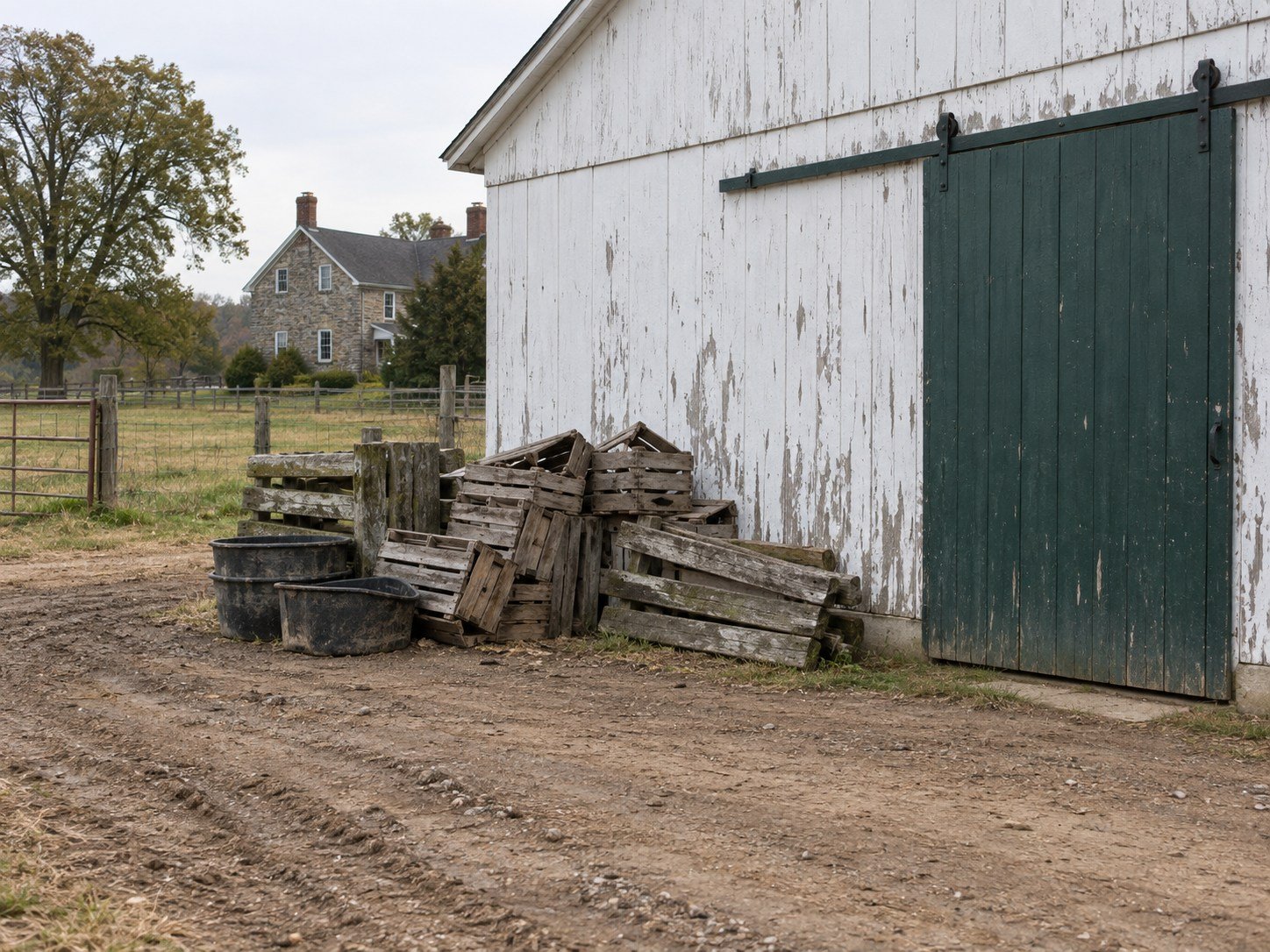 Farm outbuilding with staged old crates, timber and tubs before hauling.