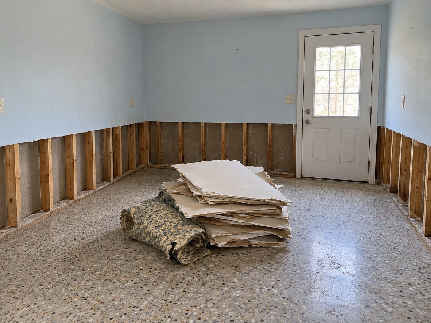 Dry room with staged water-damage wallboard and padding debris before hauling.