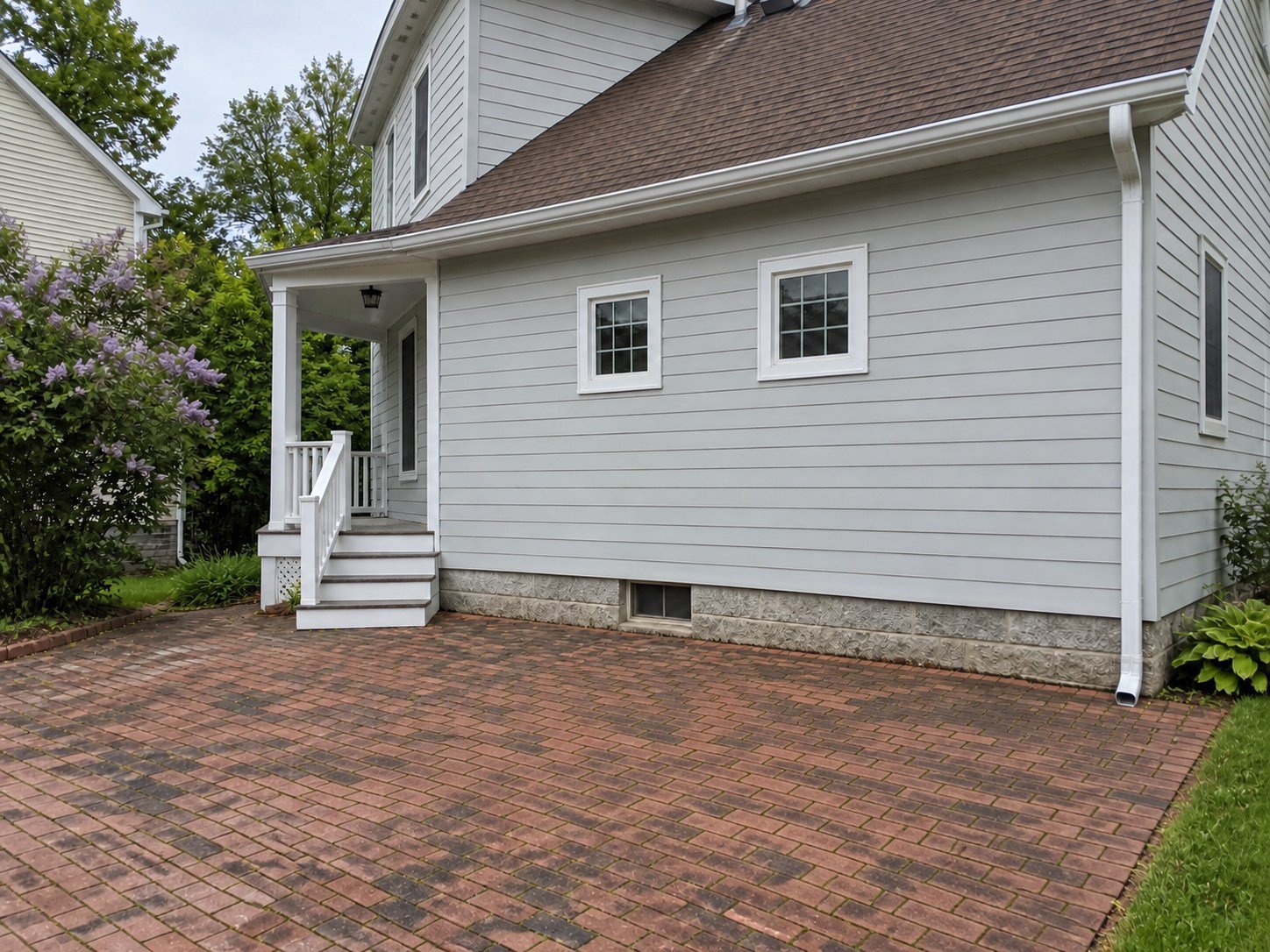 The same brick-paved side bay cleared of roofing debris, with the existing roof unchanged.