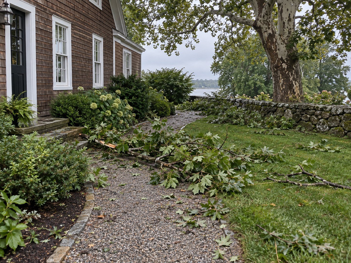 Storm branches obstructing a curved cottage garden path before cleanup.