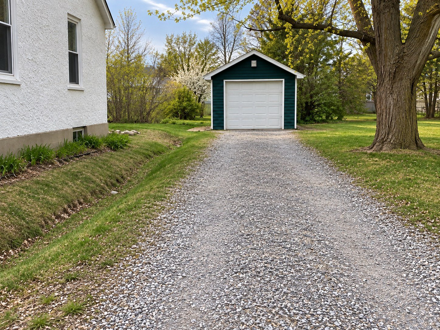 The same driveway regraded with fresh compacted gravel, retaining its grassy drainage swale.
