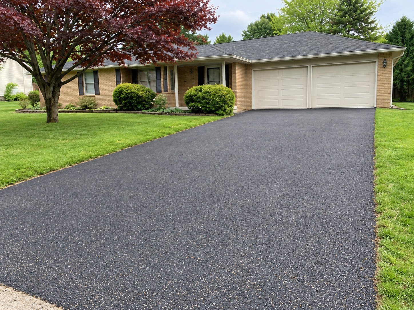 The same driveway after asphalt replacement, with clean edges and the original width and garage access retained.