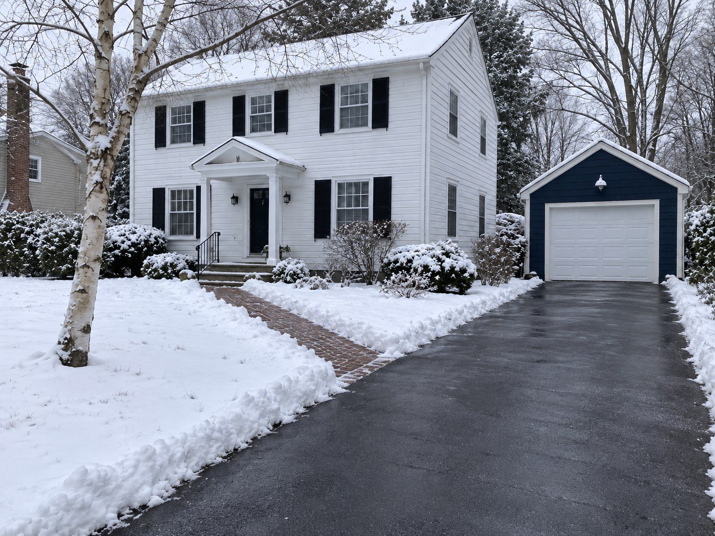 The same driveway plowed clear with the brick path and porch steps accessible.