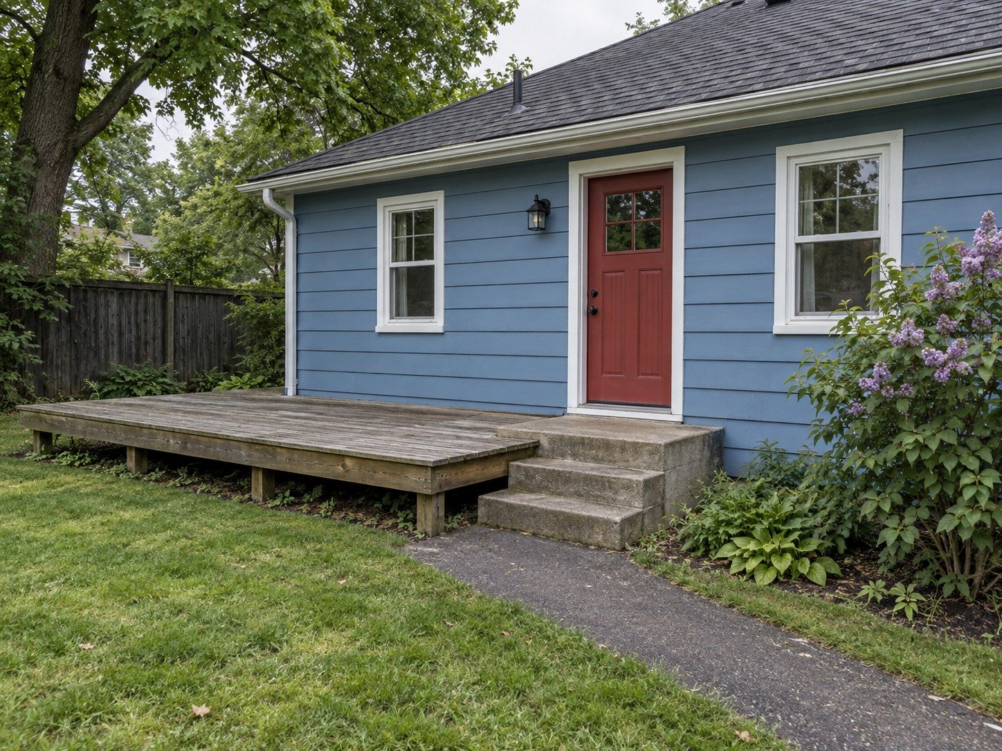 Weathered house-connected wood deck beside the back-door masonry steps at a blue cottage before removal.