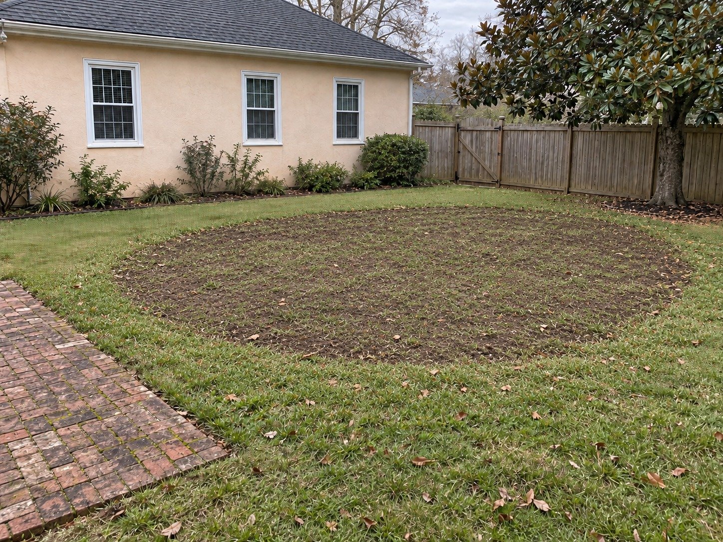 The same enclosed backyard after in-ground pool removal and level backfill, with the old brick patio retained.
