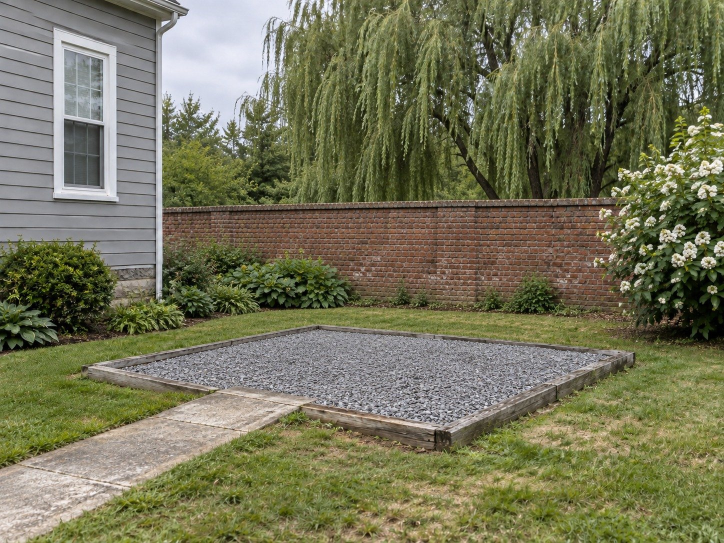 The same garden after shed removal, with the existing gravel base and concrete approach retained.