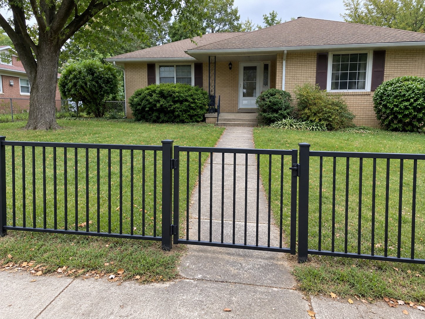 Matte-black aluminum garden fence with a matching gate aligned to the existing house walkway.