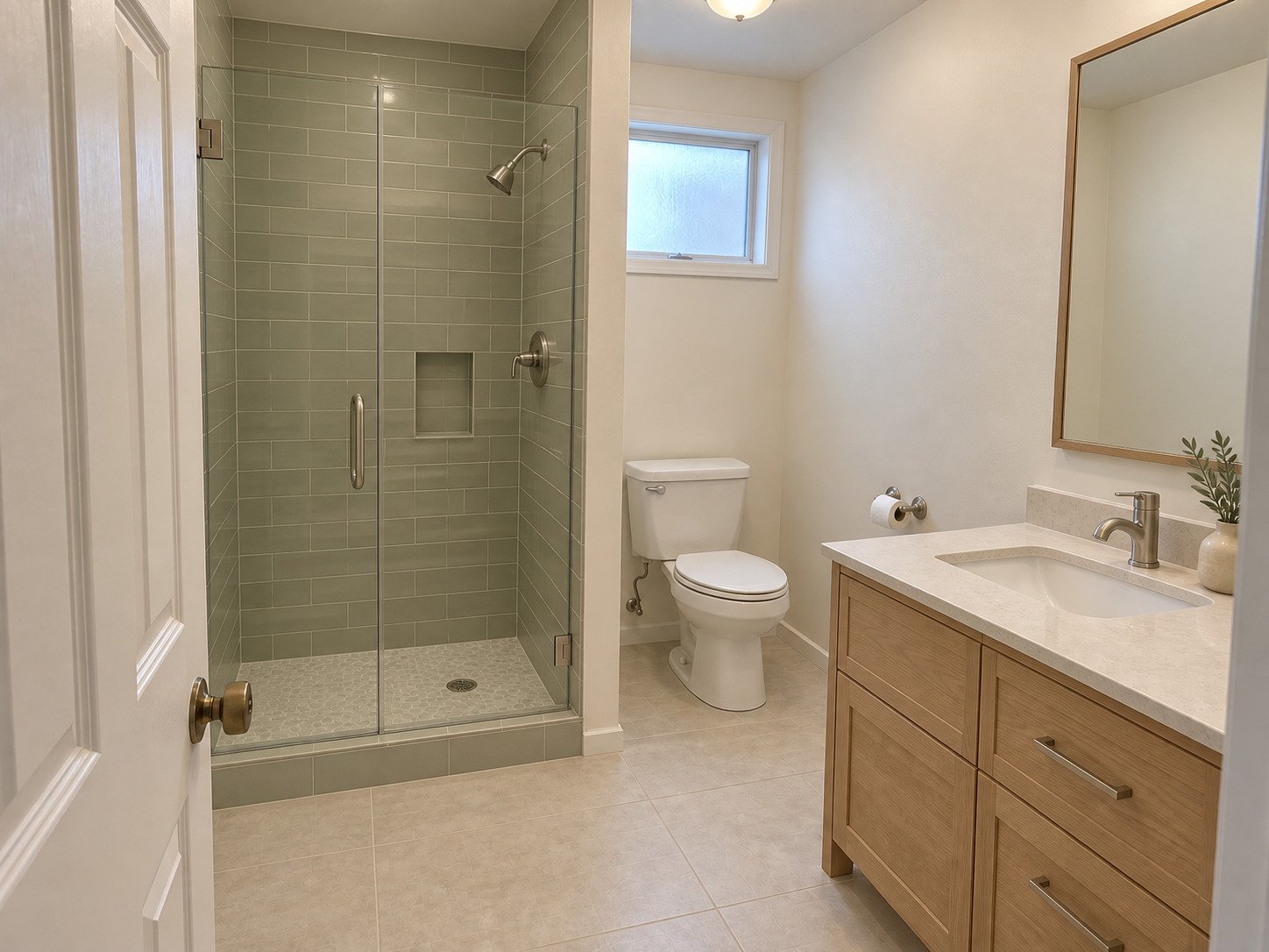 The same bathroom remodeled with a sage-tiled walk-in shower, clear glass and light-oak vanity.