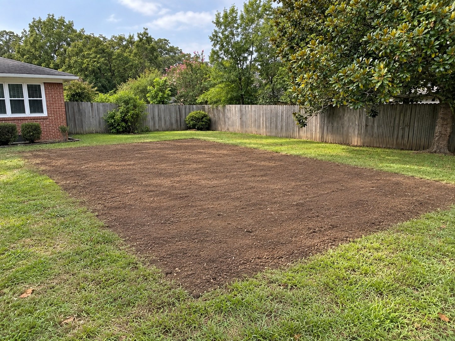 The same backyard after pool and concrete removal, with the former pool footprint filled and graded.