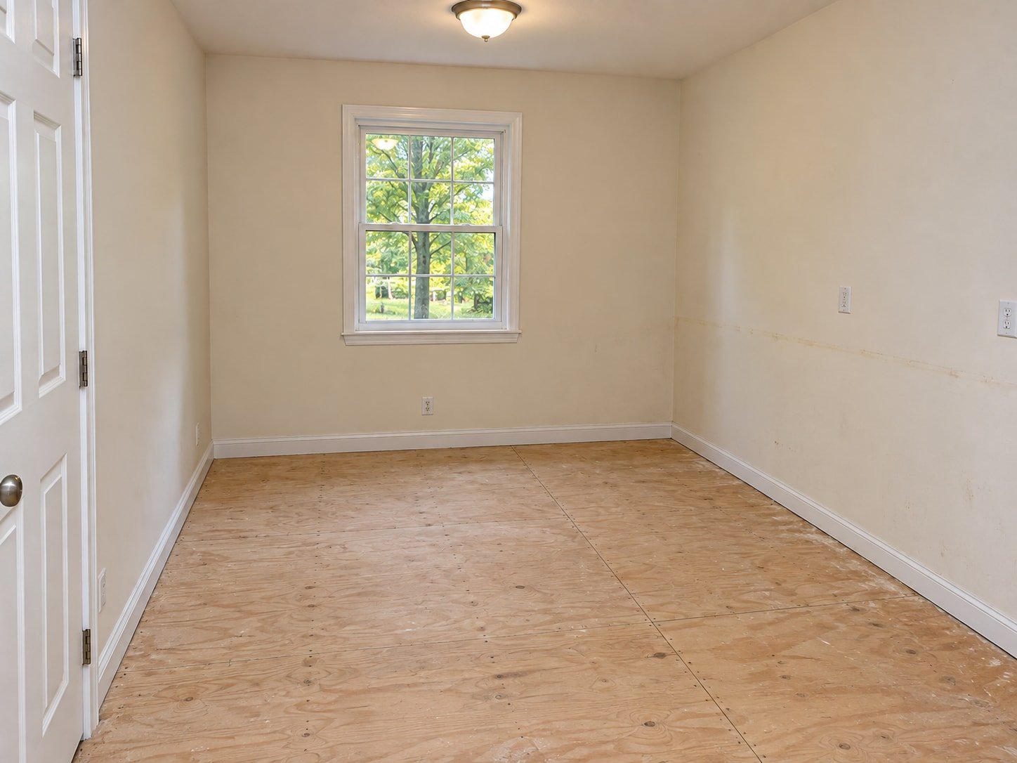 Empty office after carpet and cabinets were removed, showing a clean plywood subfloor and retained walls.