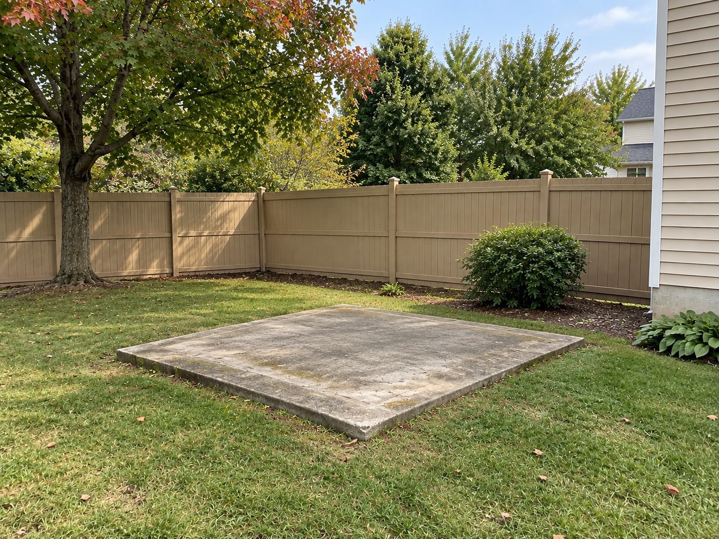 Clean retained concrete pad after the shed and debris were removed.