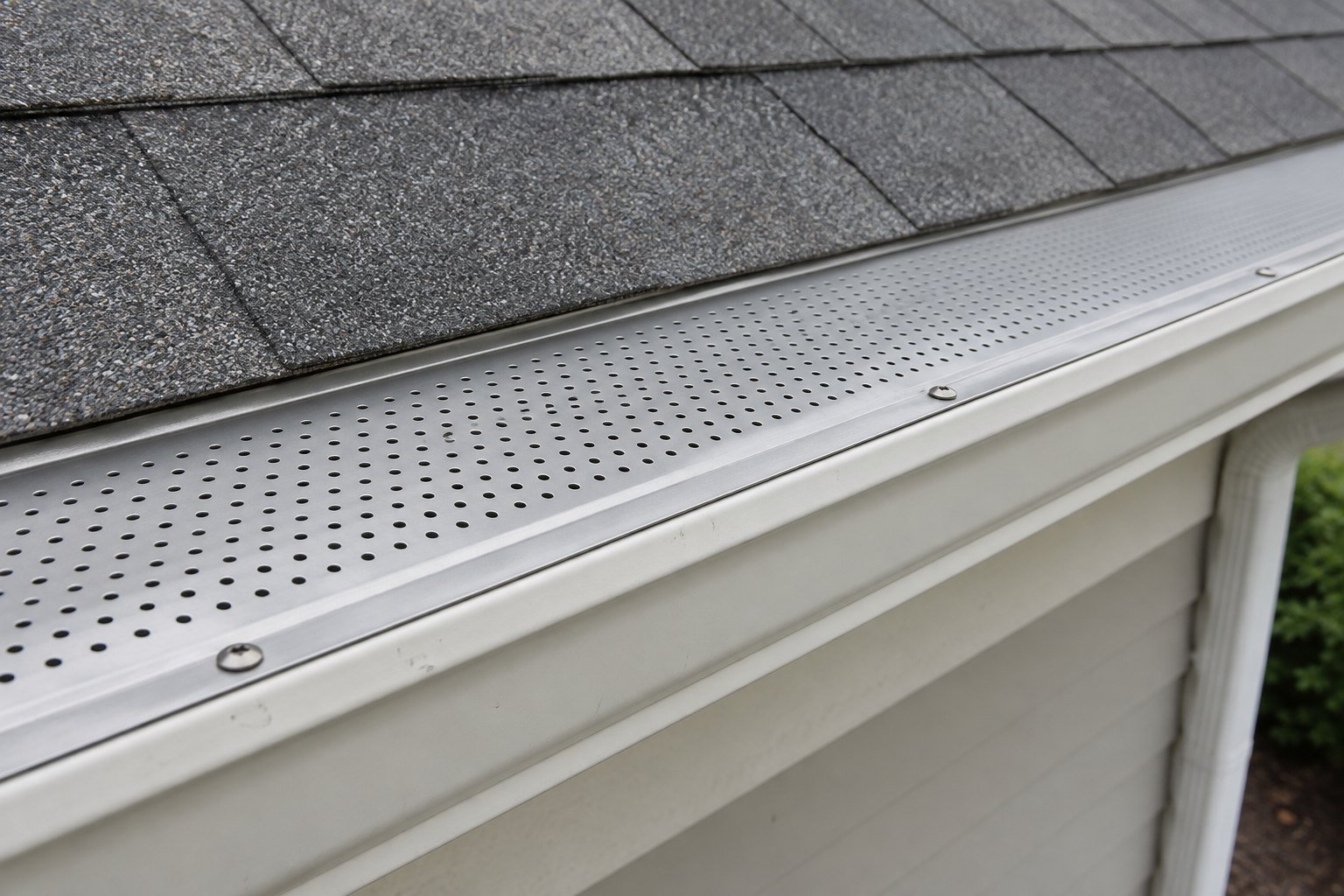 Close-up of a perforated aluminum gutter guard fitted to a white gutter beneath asphalt shingles.