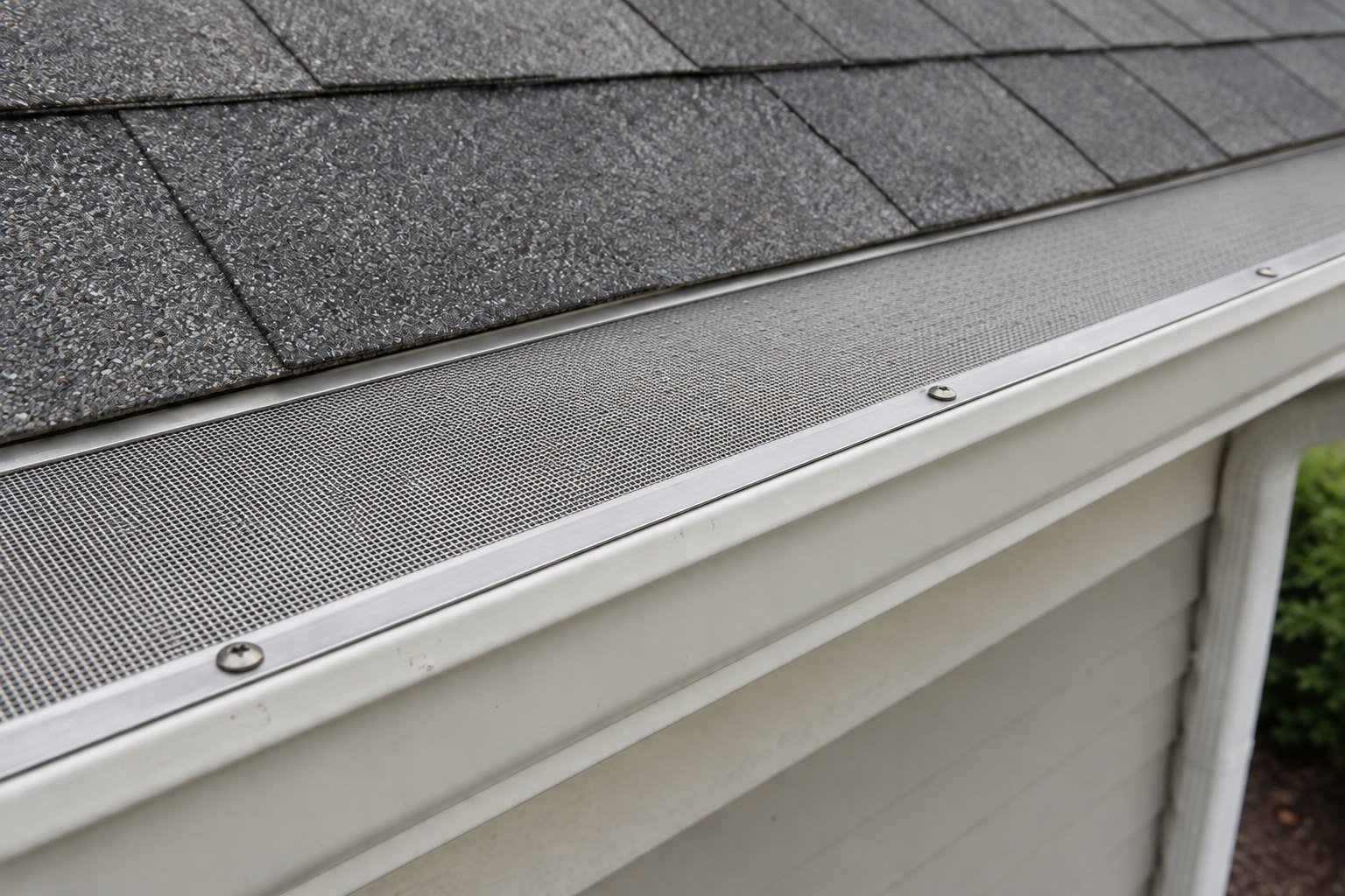 Close-up of a stainless steel micro-mesh gutter guard fitted to a white gutter beneath asphalt shingles.
