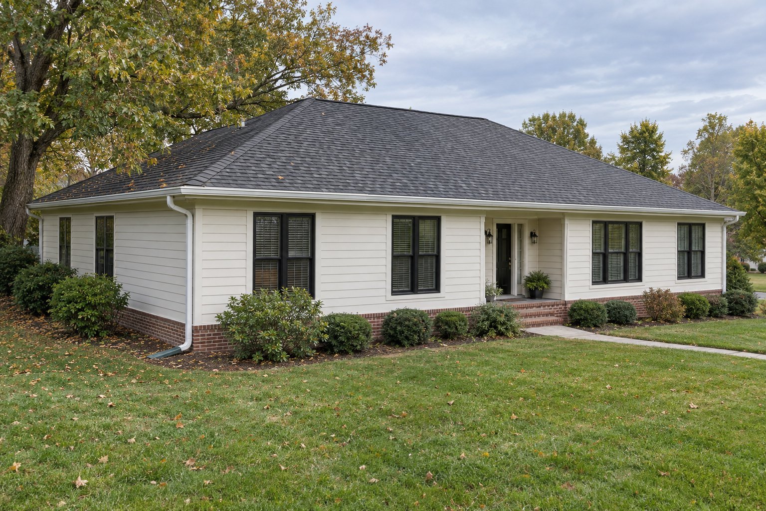 Single-story hip-roof home with white gutters along the eaves, a large tree over the left side and open lawn on the right.