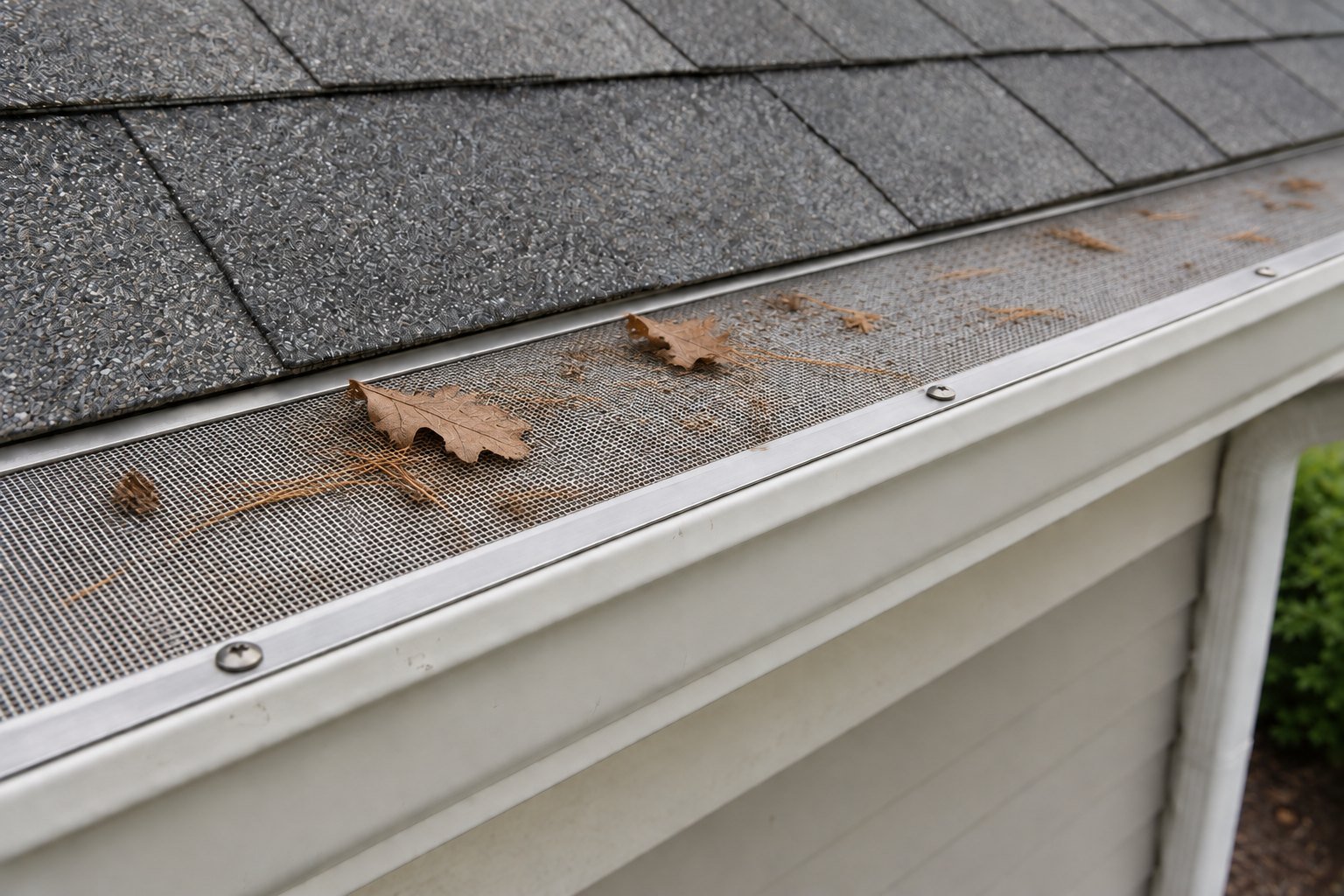 Leaves and pine needles resting on top of a stainless micro-mesh gutter guard; surface debris like this can still need clearing.
