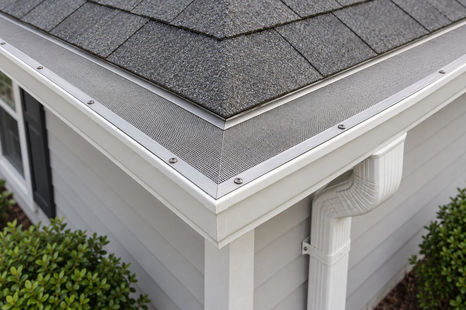Corner detail of a stainless micro-mesh guard system fitted over white gutters with a downspout; generic system detail.