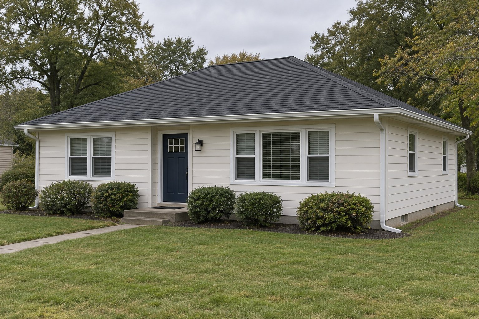 Single-story home with white gutters and downspouts, representing a small single-story cleaning.